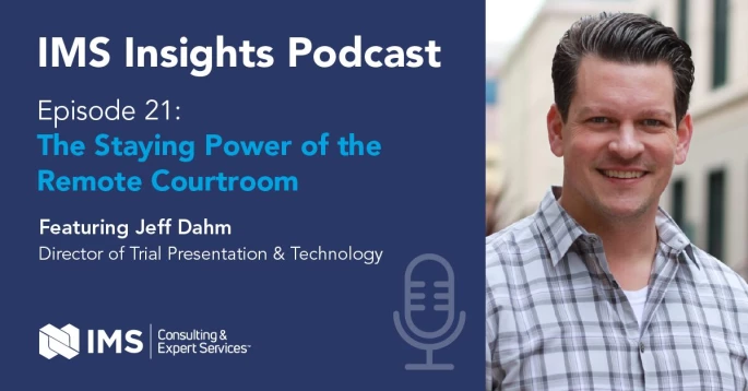 Social media graphic for IMS Insights Podcast Episode 21: "The Staying Power of the Remote Courtroom" featuring Jeff Dahm